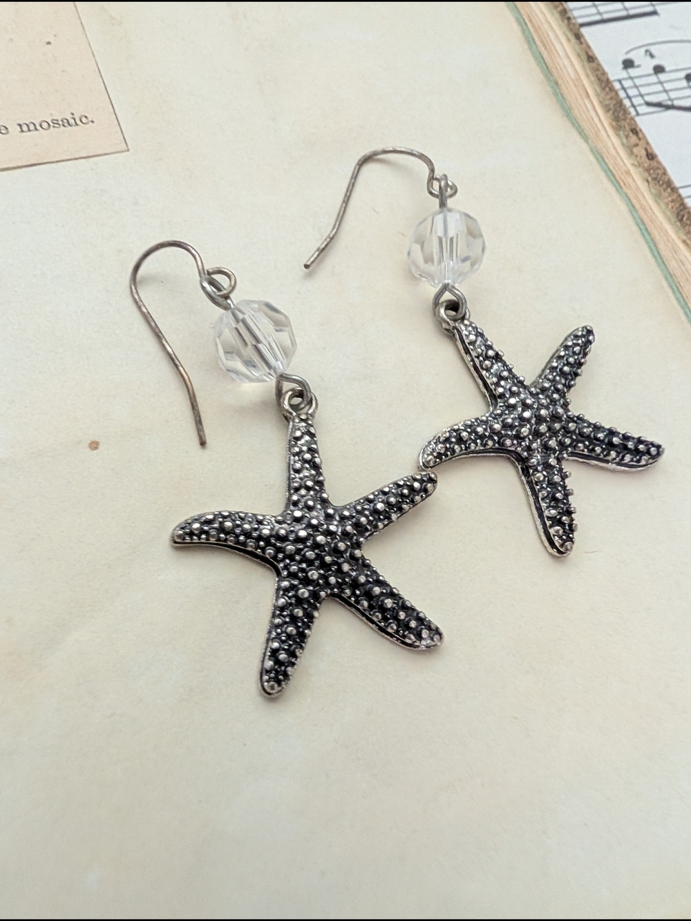Silver Starfish Drop Earrings - Clear Crystal Accent